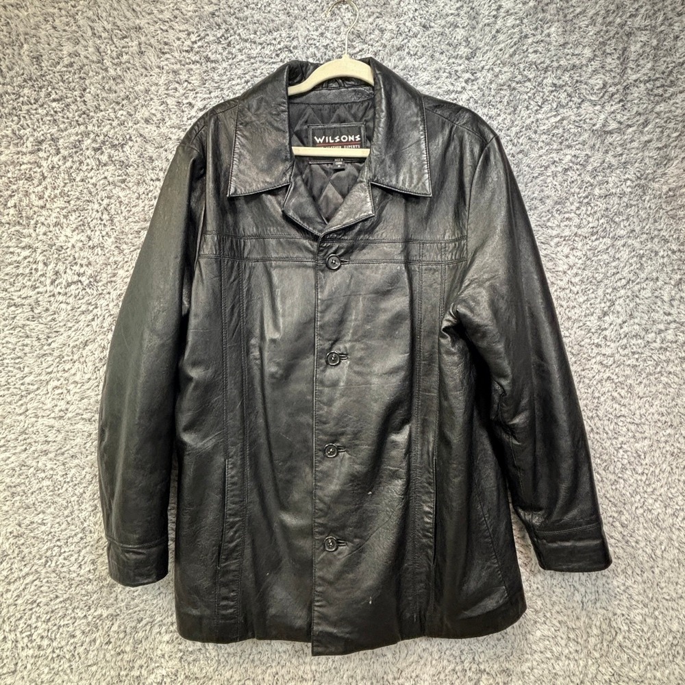 Wilsons Leather Jacket Mens Size M Black Quilted Lined Mid Length Coat